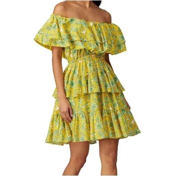 Rhode Dotty Off-The-Shoulder Yellow Eden Floral-Print Cotton Mini Dress Small - Picture 1 of 10